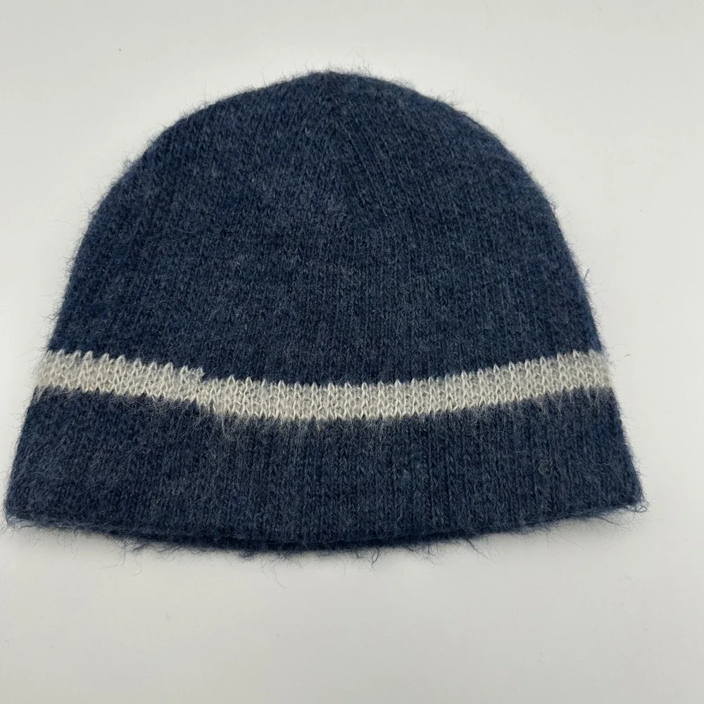 Vtg Wigwam Mohair Wool Blend Beanie Hat‎ Unisex OS Blue Striped Knit USA Retro